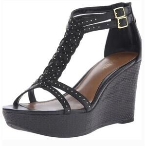 Lauren Ralph Lauren‎ Quanita Studded Leather Wedge Sandals (Black, Size 7.5B)